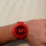 06 - This watch is a big red button from an arcade cabinet that lights up the time when you press it