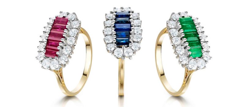 Saphire, Ruby and Emerald multistone rings with diamond side stones