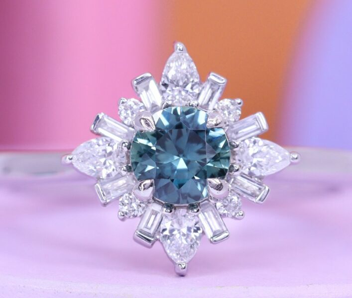 jessica flinn round teal sapphire and baguette pear cut diamond art deco style halo rings uk (1)