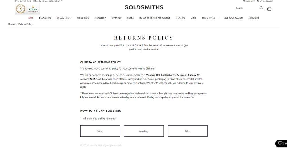 Goldsmiths returns policy